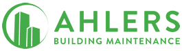 The green logo of Ahlers Building Maintenance LLC features stylized skyscrapers encapsulated within a circular design.