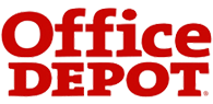 Logo of Office Depot in bold red letters on a transparent background.