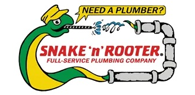 Cartoon snake with a plumber's hat using a wrench, forming pipe shape. Text: "Need a plumber? Snake 'n' Rooter Full-Service Plumbing Company.