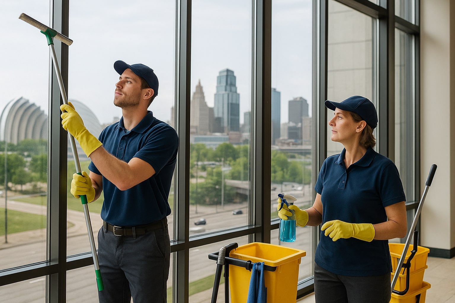 Two janitors in uniforms and yellow gloves clean large windows in a modern building, showcasing the professionalism of janito